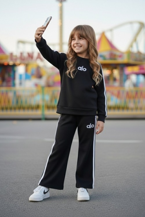 ALO İSPANYOL PAÇA ŞERİTLİ KIZ TAKIM Siyah