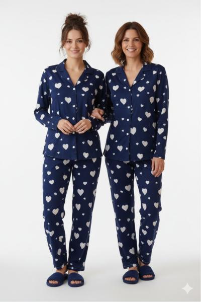 BEYAZ KALPLİ PİJAMA TAKIMI  Lacivert