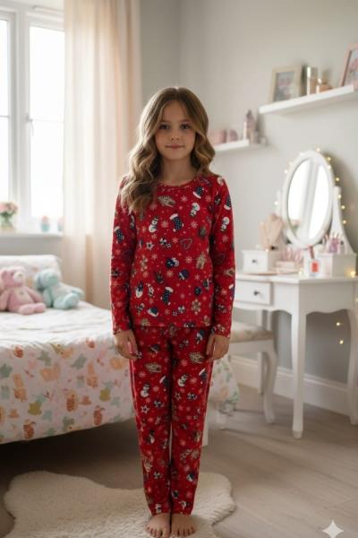 HER YERİ DESENLİ ÇOCUK PİJAMA TAKIMI  Kırmızı
