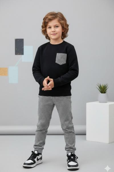 ÜST İKİ İP CEPLİ ALT KARELİ UNİSEX TARZ TAKIM Siyah