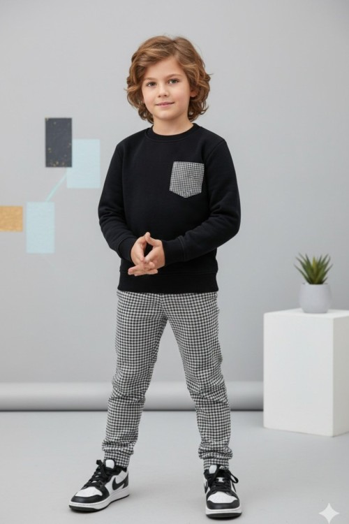 ÜST İKİ İP CEPLİ ALT KARELİ UNİSEX TARZ TAKIM Siyah