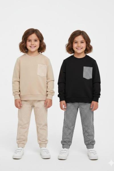 ÜST İKİ İP CEPLİ ALT KARELİ UNİSEX TARZ TAKIM Bej