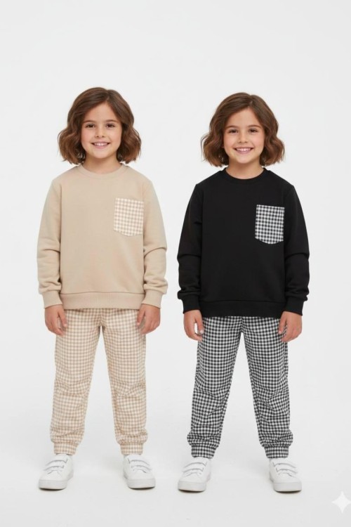 ÜST İKİ İP CEPLİ ALT KARELİ UNİSEX TARZ TAKIM Bej