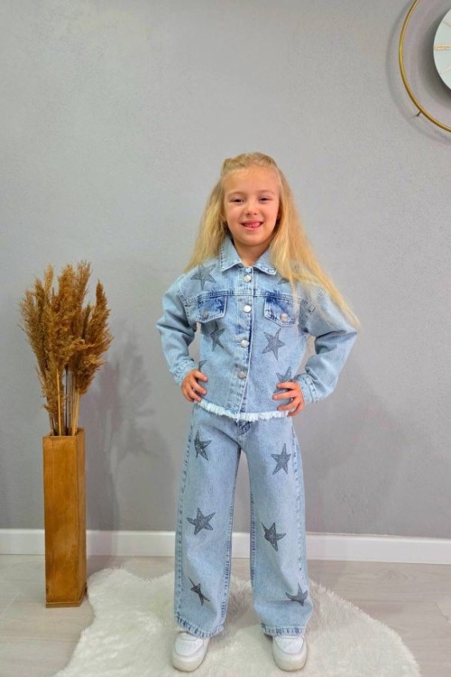 BAYRAMLIK YILDIZLARI TAŞ İŞLEMELİ CEKETLİ KOT TAKIM  Mavi