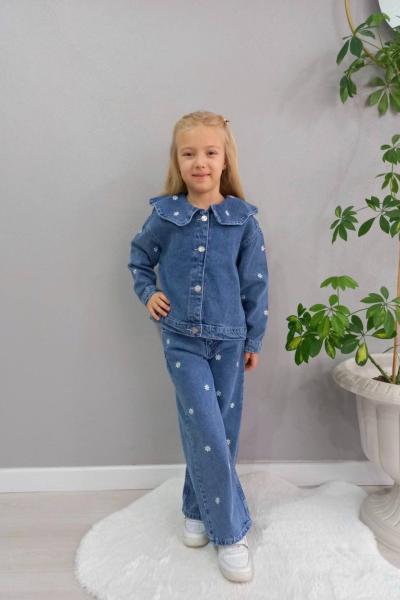 BAYRAMLIK HERYERİ PAPATYA İŞLEMELİ KOT CEKETLİ TAKIM  Mavi