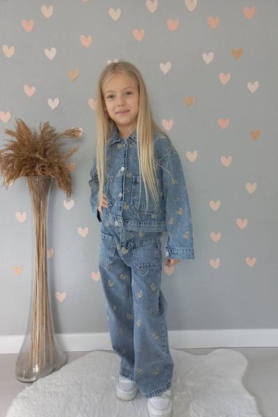 BAYRAMLIK HER YERİ MİNİK KALP İŞLEMELİ CEKETLİ KOT TAKIM  Mavi