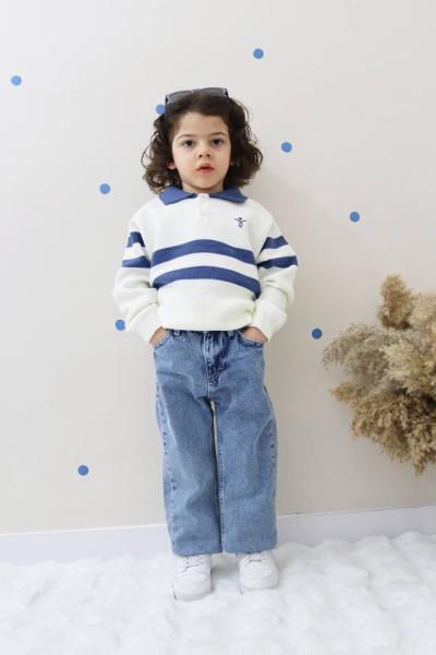 BAYRAMLIK YAKASI DÜĞMELİ MAVİ ÇİZGİLİ KOT TAKIM  Mavi