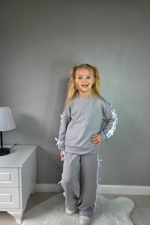 BAYRAMLIK İNCİLİ FİYONK KOLLARI VE PANTOLONU ŞERİTLİ İSPANYOL TAKIM Gri