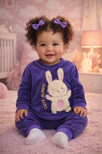 CUTE BUNNY YAZAN TAVŞANLI KIZ BEBEK TAKIM Mor