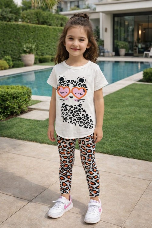 KALP GÖZLÜKLÜ KEDİ LEOPARLI KIZ TAKIM Turuncu