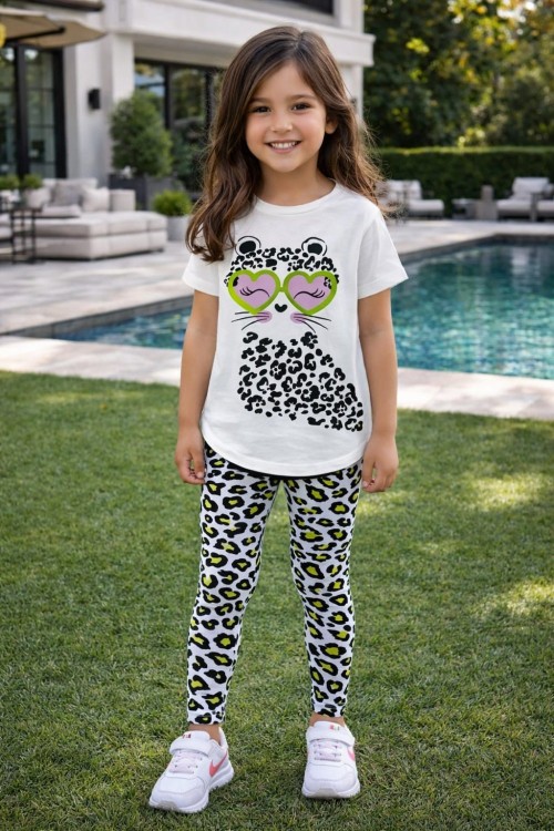 KALP GÖZLÜKLÜ KEDİ LEOPARLI KIZ TAKIM Yeşil