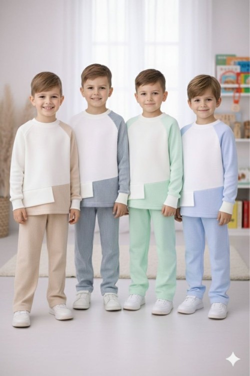 ÜST TEK KOLU ALT SU YOLU KUMAŞI TARZ UNİSEX TAKIM Bebe Mavisi