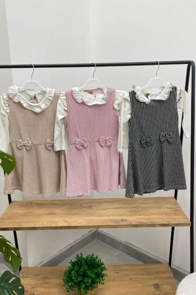 KAZ AYAĞI 2 FİYONK DETAYLI BADİLİ KIZ TARZ ELBİSE Bej