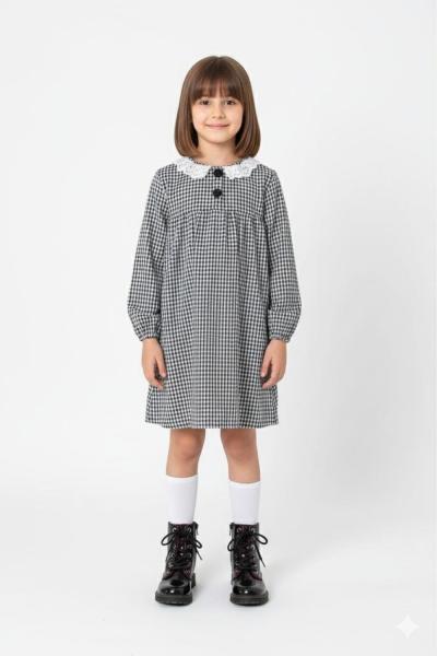 YAKASI GÜPÜRLÜ İKİ DÜĞMELİ KAZ AYAGI ELBİSE  Gri