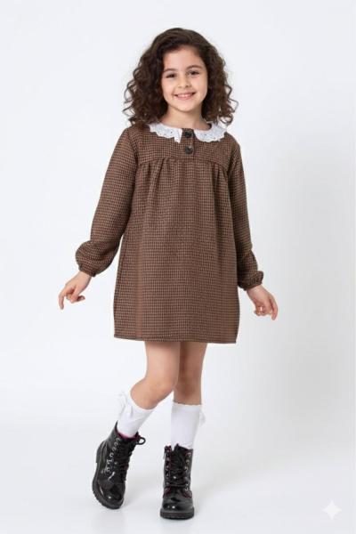 YAKASI GÜPÜRLÜ İKİ DÜĞMELİ KAZ AYAGI ELBİSE  Kahverengi