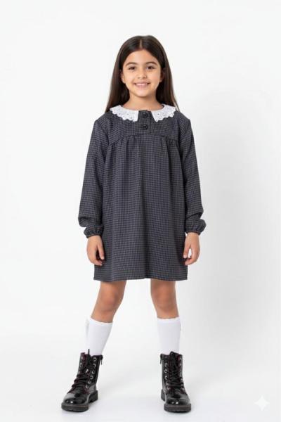 YAKASI GÜPÜRLÜ İKİ DÜĞMELİ KAZ AYAGI ELBİSE  Koyu Gri