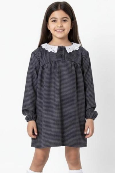 YAKASI GÜPÜRLÜ İKİ DÜĞMELİ KAZ AYAGI ELBİSE  Koyu Gri