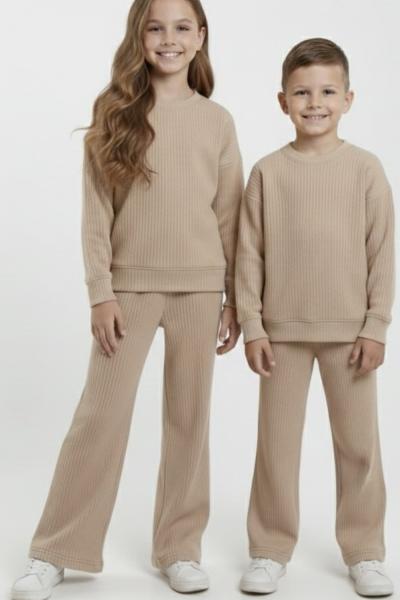 ÇOCUK FİTİLLİ KADİFE RAHAT TAKIM Kahverengi Bej