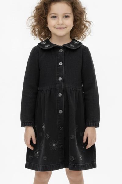 BAYRAMLIK ETEĞİ ÇİÇEKLİ KOT ELBİSE  Siyah