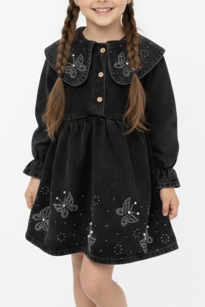 BAYRAMLIK YAKASI VE ETEĞİ KELEBEKLİ  KOT ELBİSE  Siyah