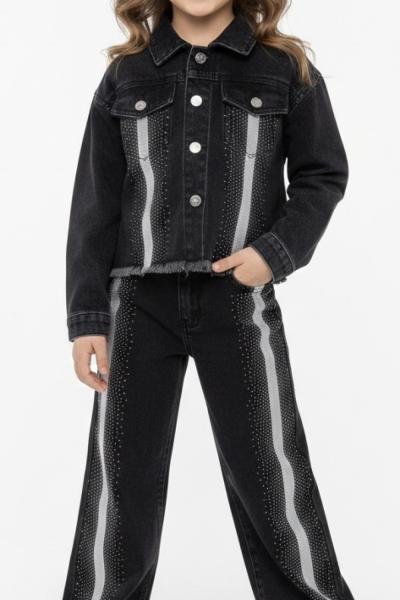 BAYRAMLIK ŞERİTLİ VE TAŞ İŞLEMELİ KOT TAKIM  Siyah