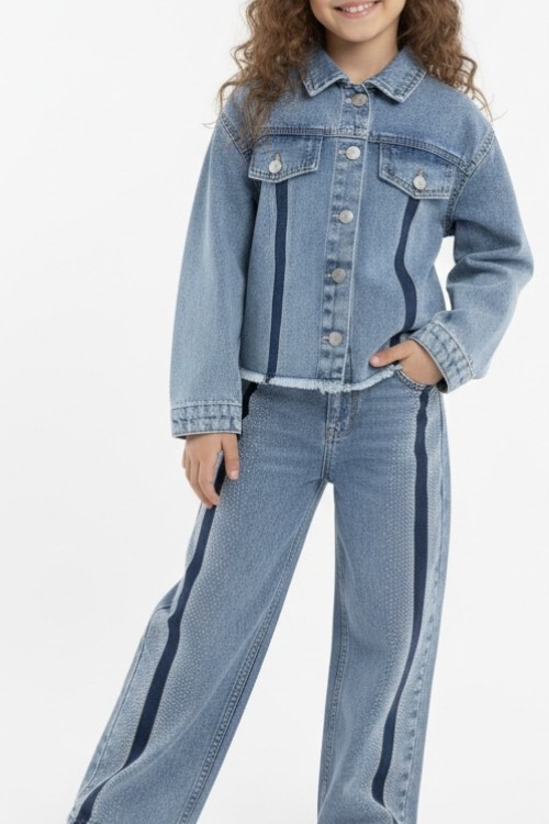 BAYRAMLIK ŞERİTLİ VE TAŞ İŞLEMELİ KOT TAKIM  Mavi