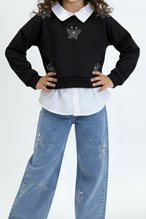 BAYRAMLIK HER YERİ KELEBEKLİ KOT TAKIM  Siyah