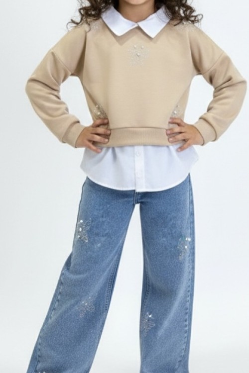 BAYRAMLIK HER YERİ KELEBEKLİ KOT TAKIM  Bej