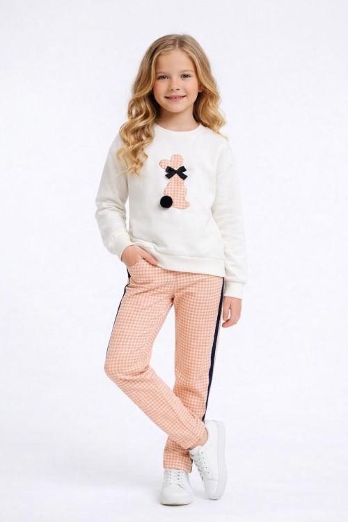 MEVSİMLİK BEYAZ PONPON TAVŞANLI ALT KARELİ YANLAR ŞERİTLİ TAKIM  Somon