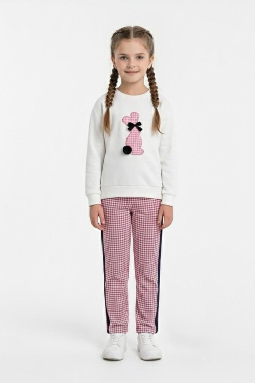 MEVSİMLİK BEYAZ PONPON TAVŞANLI ALT KARELİ YANLAR ŞERİTLİ TAKIM  Fuşya