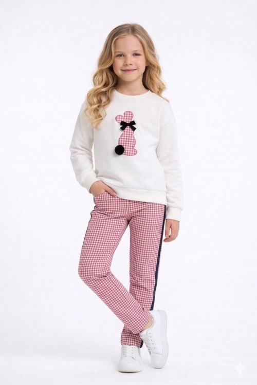 MEVSİMLİK BEYAZ PONPON TAVŞANLI ALT KARELİ YANLAR ŞERİTLİ TAKIM  Fuşya