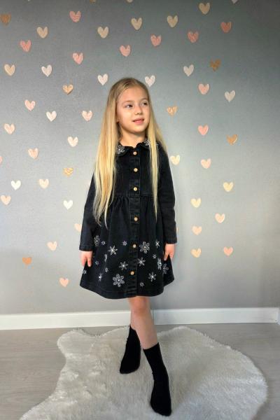 BAYRAMLIK YAKASI VE ETEGİ TAŞLI PAPATYA DETAYLI KOT ELBİSE  Siyah