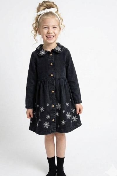 BAYRAMLIK YAKASI VE ETEGİ TAŞLI PAPATYA DETAYLI KOT ELBİSE  Siyah