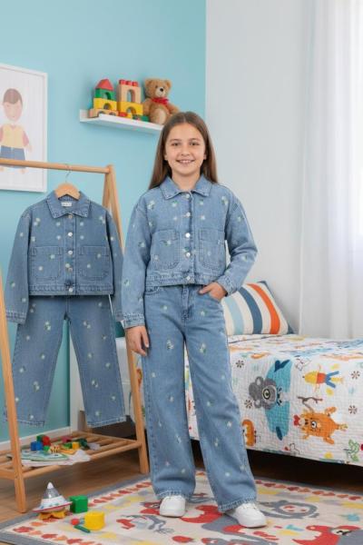 BAYRAMLIK HER YERİ PAPATYA NAKIŞLI KOT TAKIM  Mavi