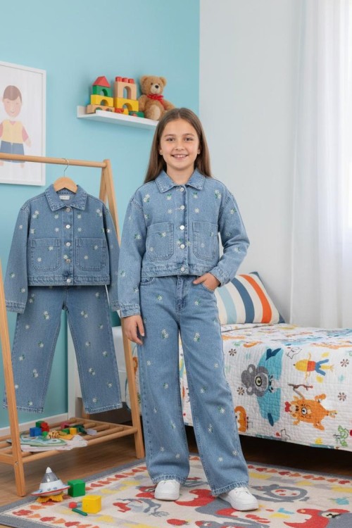 BAYRAMLIK HER YERİ PAPATYA NAKIŞLI KOT TAKIM  Mavi