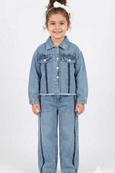 BAYRAMLIK HER YERİ TAŞ DETAYLI ŞERİTLİ KOT TAKIM  Mavi