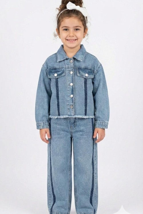 BAYRAMLIK HER YERİ TAŞ DETAYLI ŞERİTLİ KOT TAKIM  Mavi