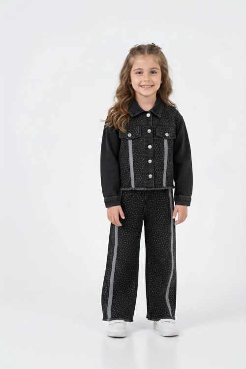 BAYRAMLIK HER YERİ TAŞ DETAYLI ŞERİTLİ KOT TAKIM  Siyah