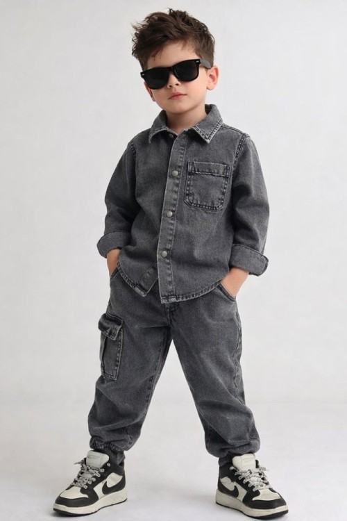 BAYRAMLIK YIKAMALI PAÇA LASTİKLİ KOT TAKIM Koyu Gri