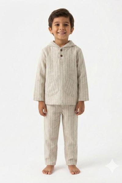 YARIM DÜĞMELİ CEPLİ KAPŞONLU ÇİZGİLİ TAKIM  Yeşil