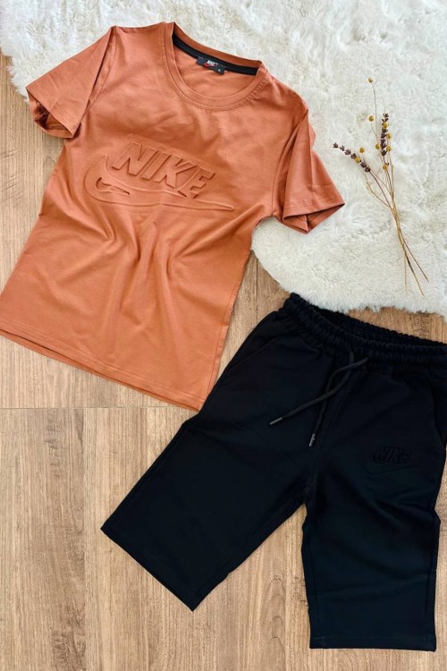 KABARTMALI NİKE YAZILI KISAKOL KAPRİ TAKIM  Kahverengi