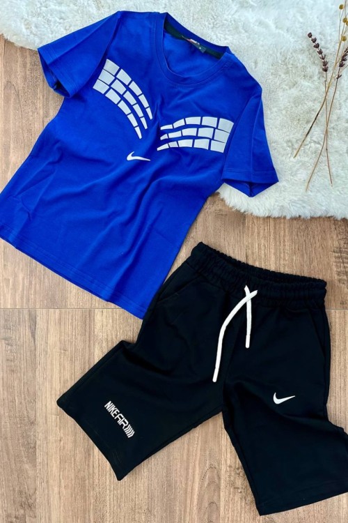 ORTASI TEK NİKE İKİ YAKASI BASKILI KISAKOLLU KAPRİ TAKIM Mavi