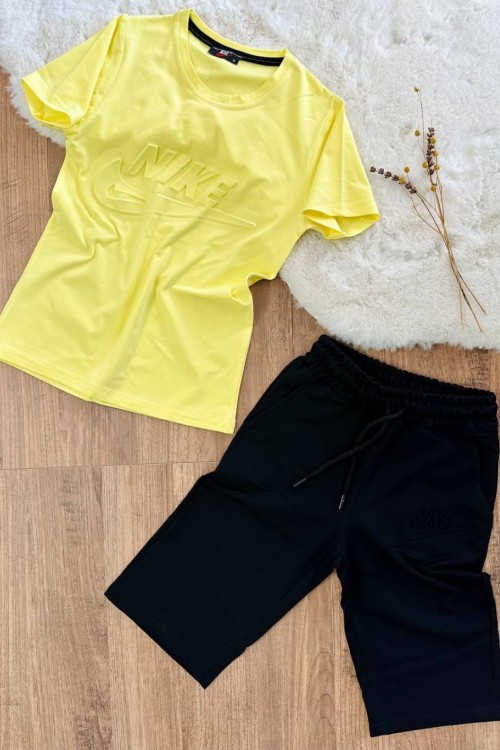 KABARTMALI NİKE YAZILI KISAKOL KAPRİ TAKIM  Sarı