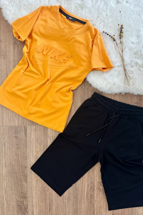 KABARTMALI NİKE YAZILI KISAKOL KAPRİ TAKIM  Turuncu