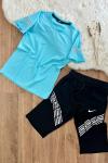 YAN TARAFI TEK NİKE KOLLARI BASKILI KAPRİ TAKIM  Bebe Mavisi