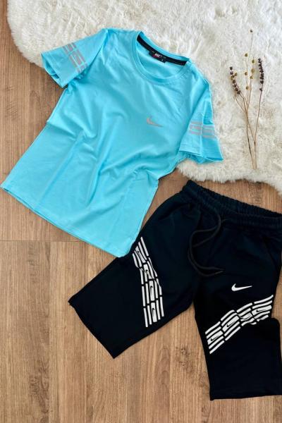 YAN TARAFI TEK NİKE KOLLARI BASKILI KAPRİ TAKIM  Bebe Mavisi