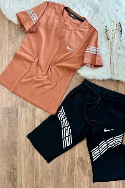 YAN TARAFI TEK NİKE KOLLARI BASKILI KAPRİ TAKIM  Kahverengi