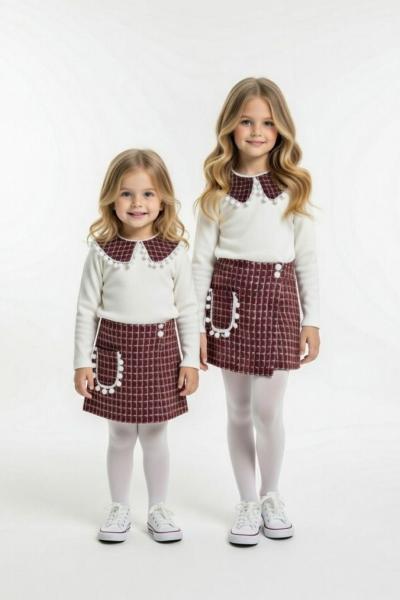 YAKA PONPON DETAYLI KARELİ ŞORT ETEKLİ TAKIM Bordo