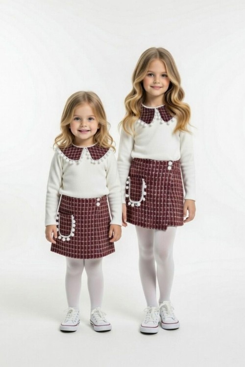 YAKA PONPON DETAYLI KARELİ ŞORT ETEKLİ TAKIM Bordo