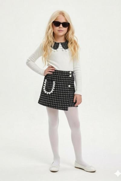 YAKA PONPON DETAYLI KARELİ ŞORT ETEKLİ TAKIM Siyah